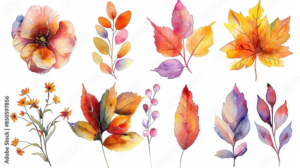 Fototapeta premium Watercolor autumn leaves and flower elements for design.