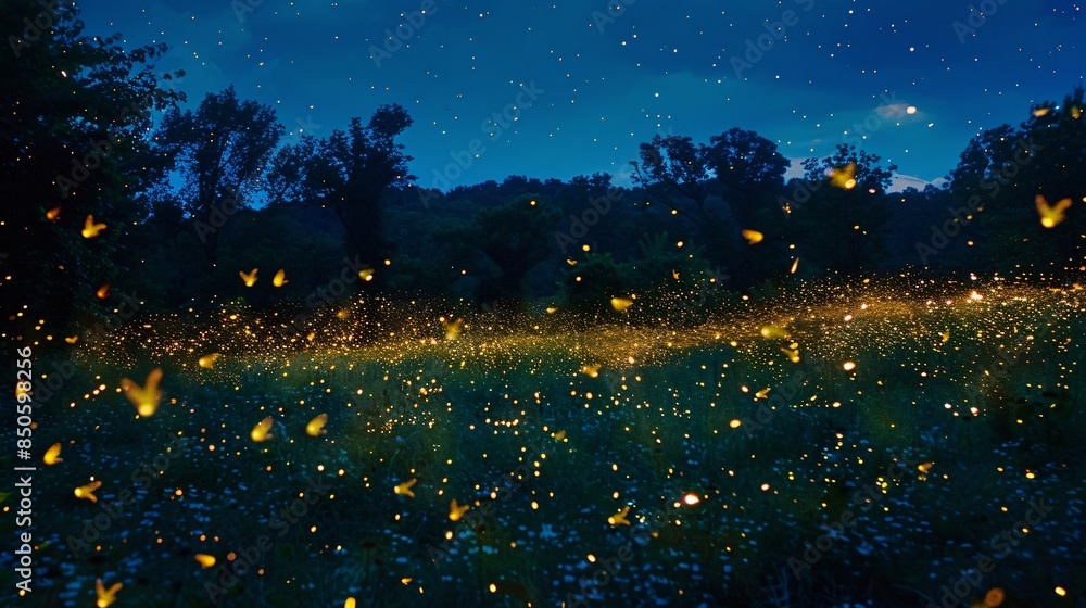 Enchanted fireflies lighting up the night sky, creating a breathtaking display of twinkling lights Enchanted fireflies lighting up the night sky, creating a breathtaking display of twinkling lights