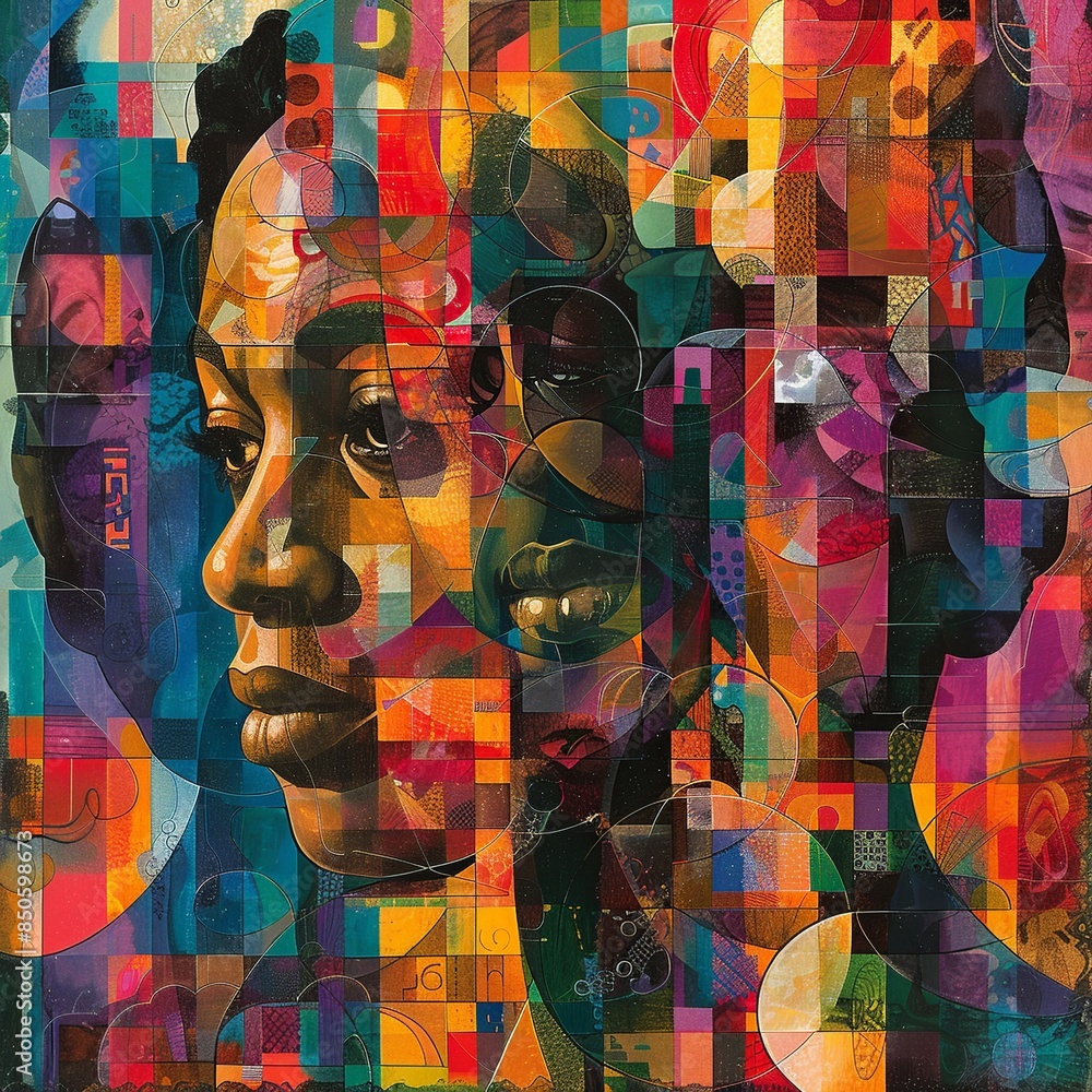 Naklejka premium This abstract portrait of a Black man for Black History Month showcases bold geometric shapes symbolizing strength and unity, with a vibrant color palette