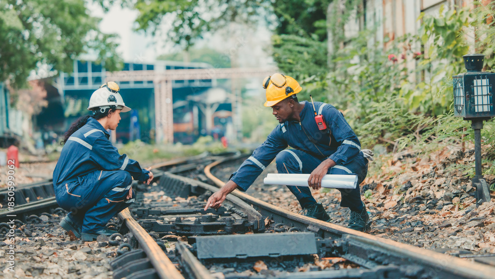 Engineer in safety gear inspects railway track for wear and alignment, ensuring safety standards. Engineer in safety gear inspects railway track for wear and alignment, ensuring safety standards.