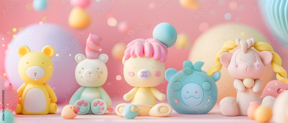 Fototapeta premium 3D clay, Adorable clay pet dolls ,muted pastels, Blender 3d, Easter bunny with colorful eggs and cute , kawaii pets model, dolls decorations