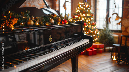 Beautiful grand piano decorated for Christmas near bri
