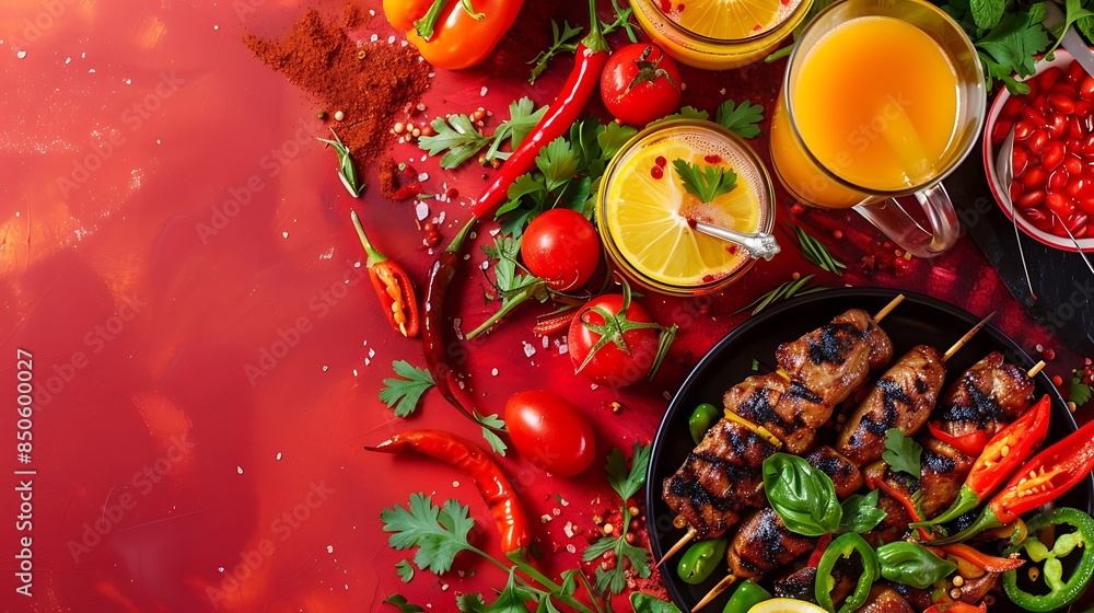 Food on a red table with grill red chili and fresh fruit juice Food on a red table with grill red chili and fresh fruit juice