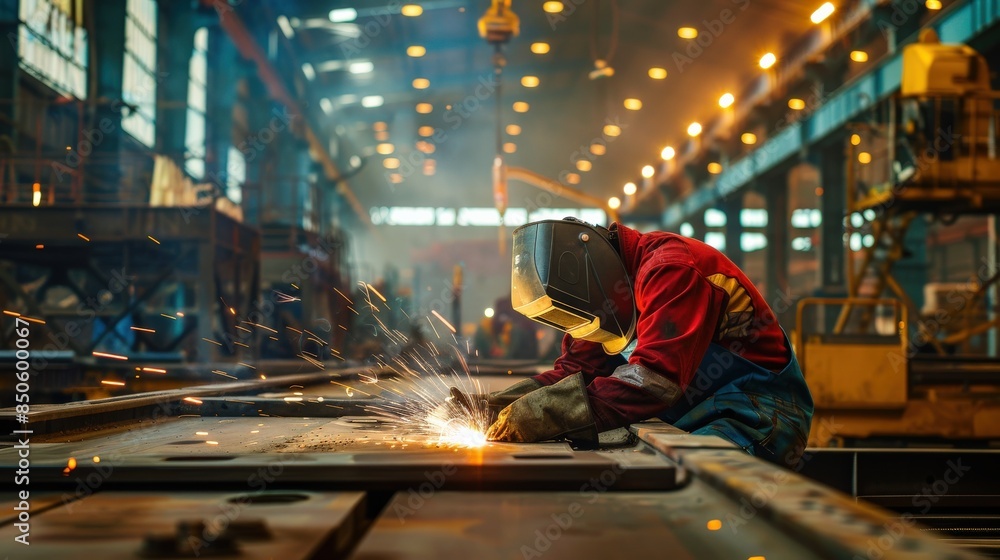 A man in a protective suit is working on a piece of metal. Concept of hard work and dedication, as the man is focused on his task despite the potential dangers of the job A man in a protective suit is working on a piece of metal. Concept of hard work and dedication, as the man is focused on his task despite the potential dangers of the job