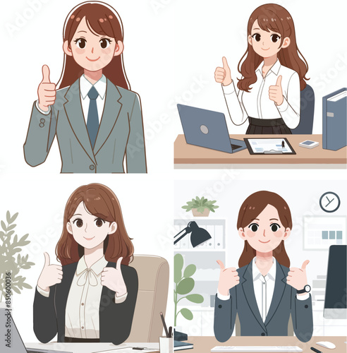 vector set of a female employee expressing a thumbs up in a flat design style