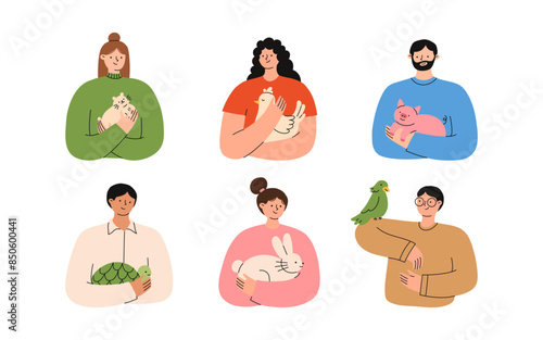 Set of people holding their pets. Happy domestic animal owners. Pet lowers concept. Flat vector illustration isolated on a white background.