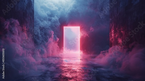 A large, glowing red door is the focal point of this image