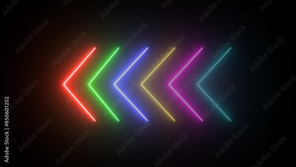 Multi-colored neon single-line directional left arrow. signal icon. Moving arrow pointing to the left. Left-direction arrow on black background Multi-colored neon single-line directional left arrow. signal icon. Moving arrow pointing to the left. Left-direction arrow on black background