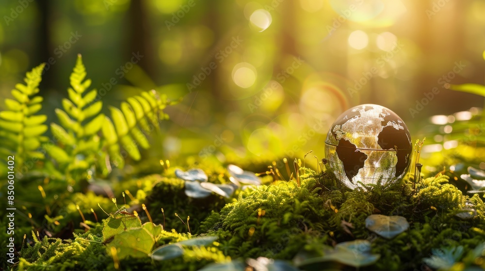 small world globe resting in a forest background small world globe resting in a forest background