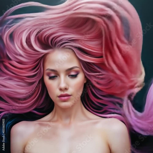 The painting depicts a woman with lengthy pink hair