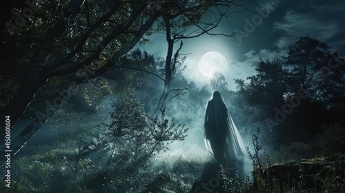 A ghostly figure is seen in the woods, with a full moon in the background. The atmosphere is eerie and mysterious, with the fog adding to the sense of unease photo