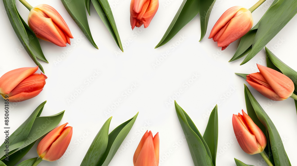 Obraz premium Elegant Tulip Floral Frame with Central Text Space on White Background