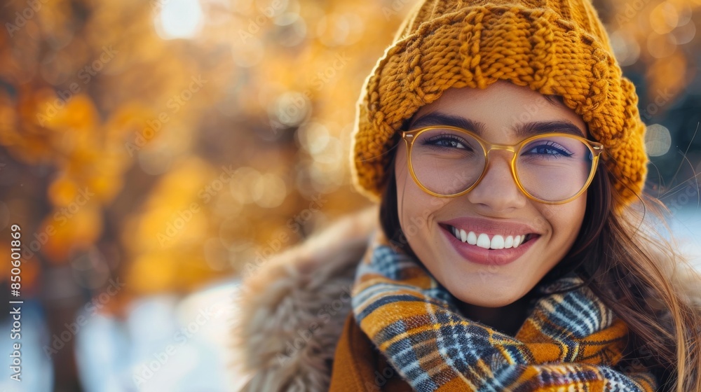 A woman wearing glasses and a hat smiles while outdoors, AI A woman wearing glasses and a hat smiles while outdoors, AI