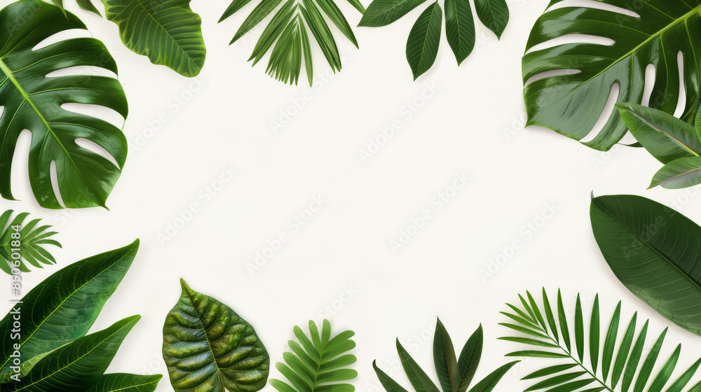 Vibrant Tropical Leaf Border with Central White Space for Text on White Background Vibrant Tropical Leaf Border with Central White Space for Text on White Background