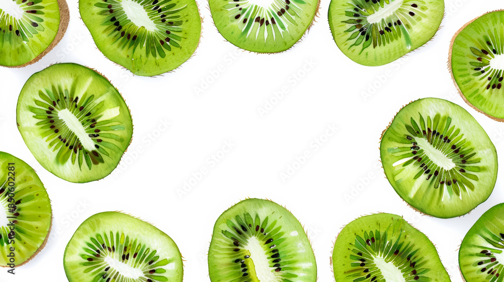 Fototapeta premium Watercolor Kiwi Fruit Frame with Central White Text Area on White Background