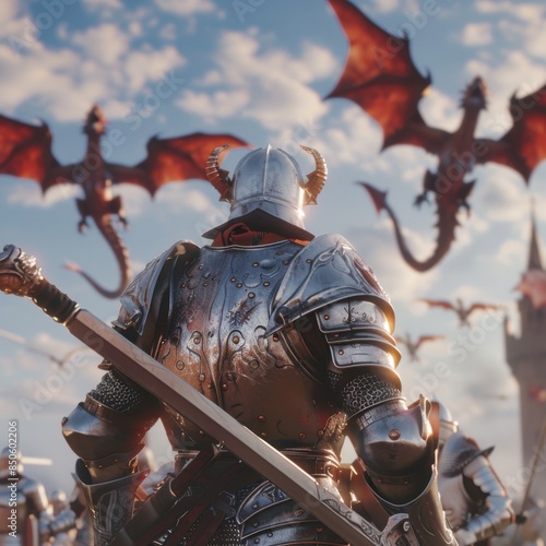 A lone knight stands bravely facing two dragons in the sky, his sword drawn, ready to defend against the oncoming threat. photo