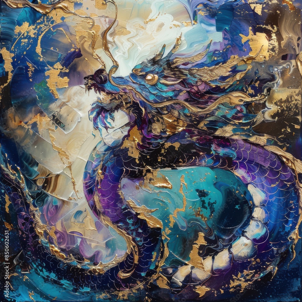 Obraz premium Abstract painting of a dragon with vibrant colors and swirling patterns.