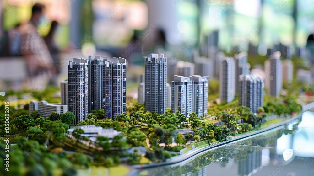 Obraz premium Miniature Cityscape Model With Detailed Skyscrapers and Lush Green Foliage