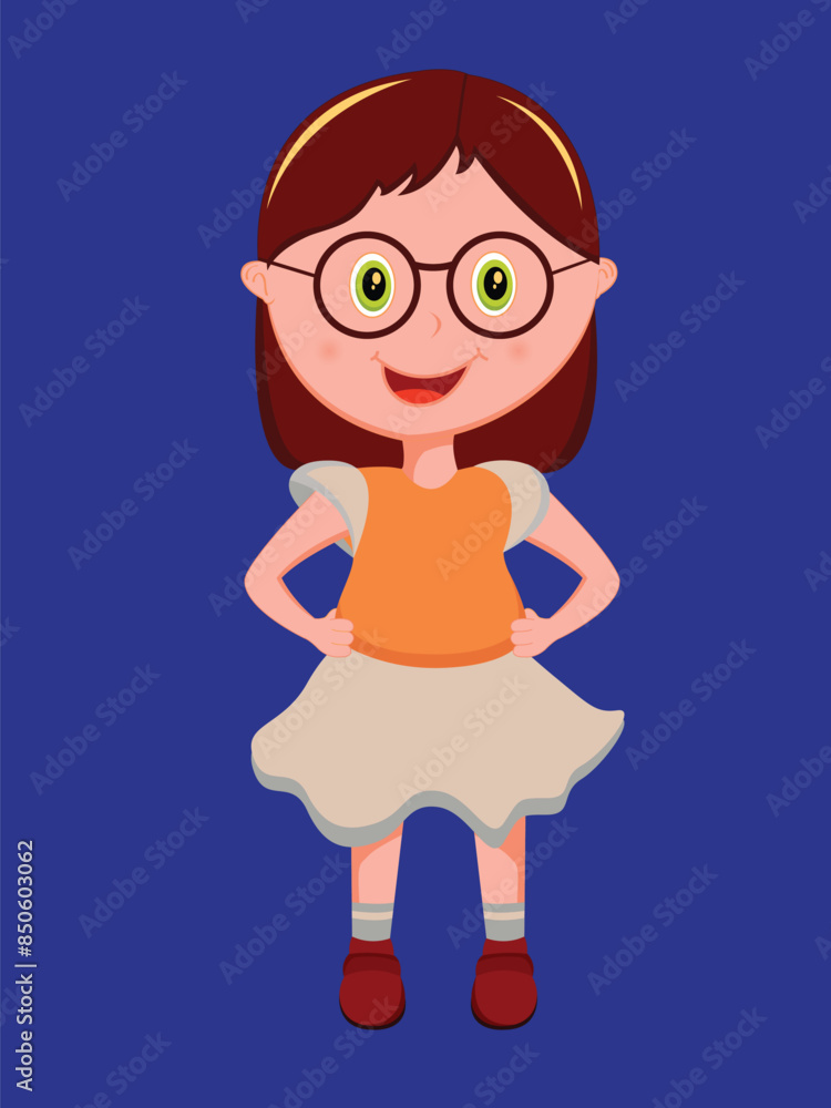 Cartoon Character of Happy Cute Little Girl Wearing Stylist Clothes in Standing Pose. Cartoon Character of Happy Cute Little Girl Wearing Stylist Clothes in Standing Pose.