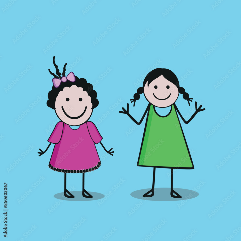 Two smiling girls wearing stylish clothes in the mood of playing and dancing cartoon character vector. Two smiling girls wearing stylish clothes in the mood of playing and dancing cartoon character vector.