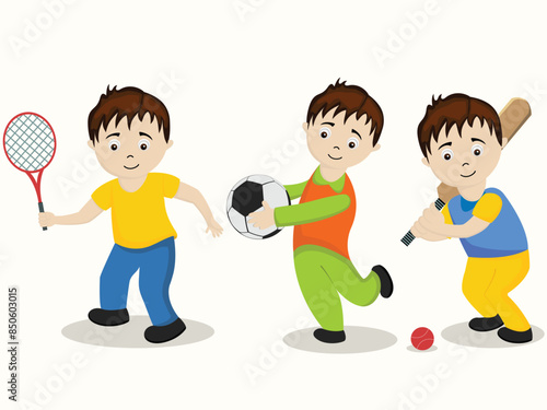 Character of three boys holding tennis racquet, football and cricket bat on beige background.