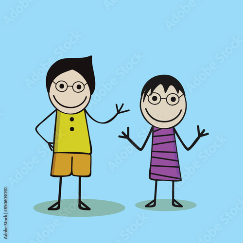 Cartoon Girl and Boy Wearing Stylish Clothes in the Mood of  Dancing and Playing.