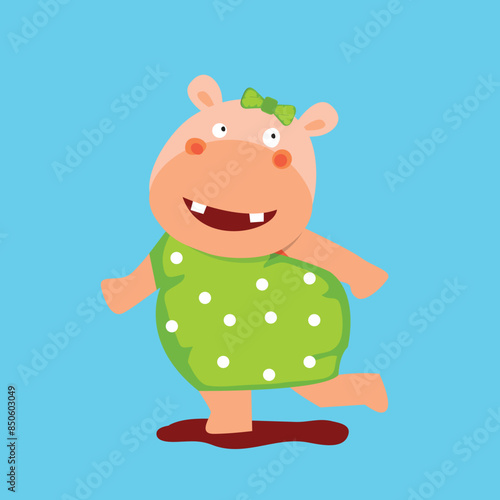 Cute Hippotamus Cartoon on Sky Blue Background.