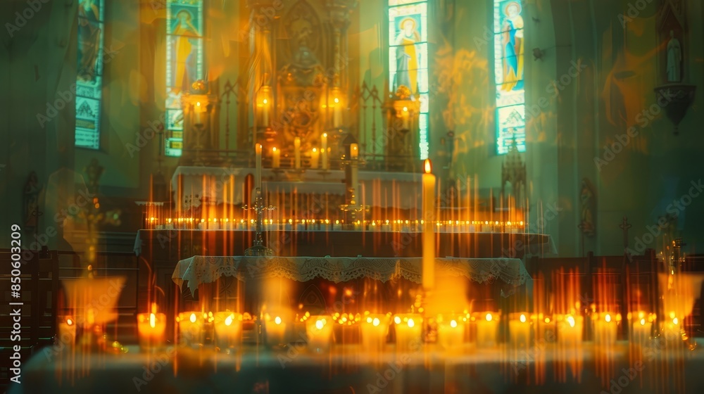 Illuminated Altar in a Church Interior - A church altar glows with the warm light of numerous candles, creating a mystical and reverent atmosphere. Illuminated Altar in a Church Interior - A church altar glows with the warm light of numerous candles, creating a mystical and reverent atmosphere.