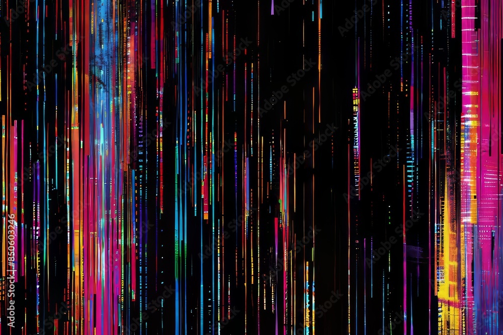 On a dark background, glowing lines appear on a display damaged by a digital error. On a dark background, glowing lines appear on a display damaged by a digital error.