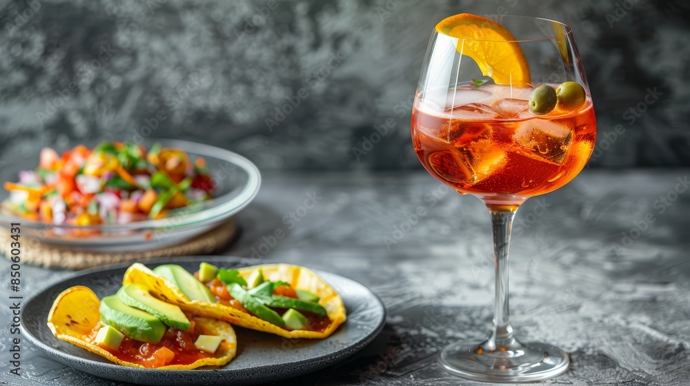 Appetizing Mexican Tacos with a Refreshing Aperol Spritz - A close-up shot of two tacos filled with avocado and salsa, alongside a glass of Aperol Spritz. The drink is garnished with an orange slice Appetizing Mexican Tacos with a Refreshing Aperol Spritz - A close-up shot of two tacos filled with avocado and salsa, alongside a glass of Aperol Spritz. The drink is garnished with an orange slice