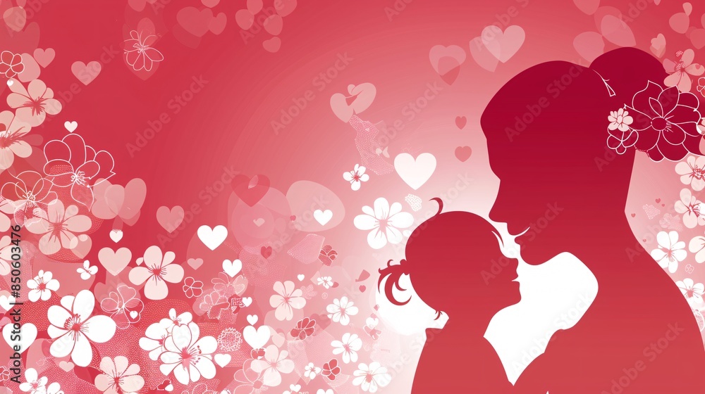 Vector image of a mother and child with flowers and hearts in the background Vector image of a mother and child with flowers and hearts in the background