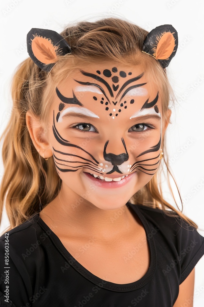 Child with playful animal face paint minimalist portrait highlighting eyes on white background Child with playful animal face paint minimalist portrait highlighting eyes on white background