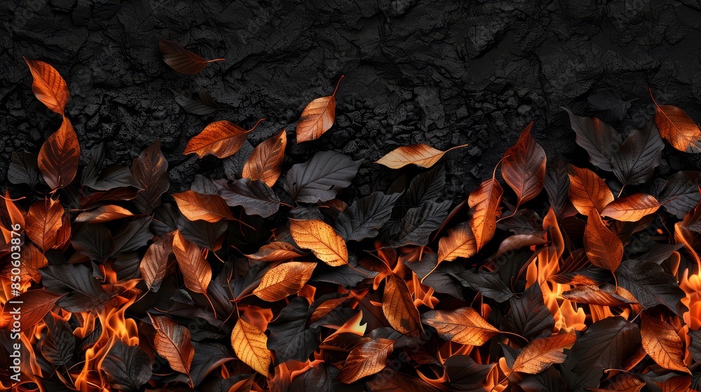 Burning Leaves on Black Background - A fiery orange and yellow flames engulf the brown and black leaves on a dark background. Burning Leaves on Black Background - A fiery orange and yellow flames engulf the brown and black leaves on a dark background.