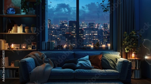 A dark room with a couch, a coffee table, and a potted plant © artpray