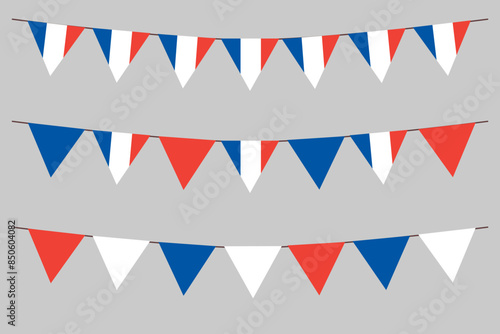 French flag bunting Eiffel background for Bastille Day. French: drapeau Français. Tricolour blue white red backdrop design vector illustration