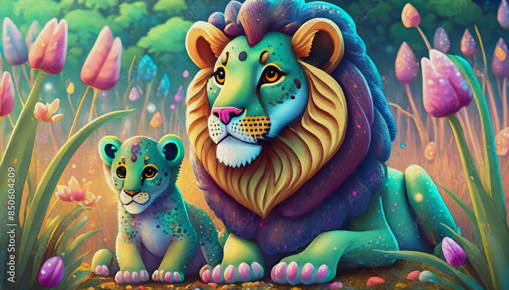 Naklejka premium oil painting style cartoon character lion and two lion cubs hanging out on the dry grass at savanna grassland in the evening,