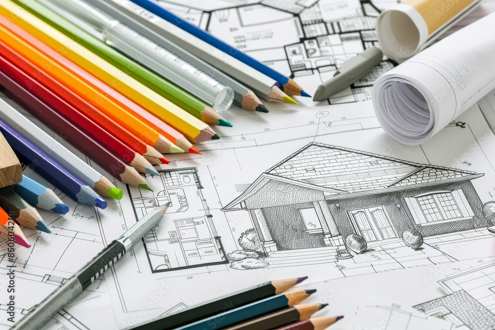 Design studio for architect and interior designer working with sketch plans, blue prints, materials, color samples, and art tools Design studio for architect and interior designer working with sketch plans, blue prints, materials, color samples, and art tools