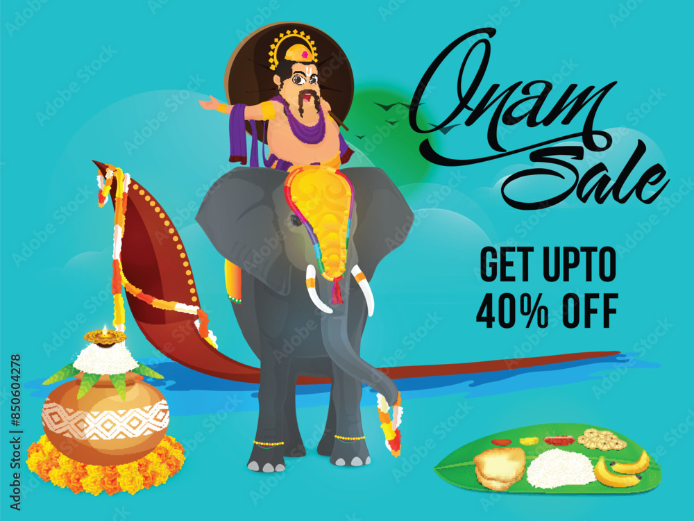 Naklejka premium Onam Sale poster design with illustration of King Mahabali riding on an elephant, showing culture and tradition of Kerala on blue background.
