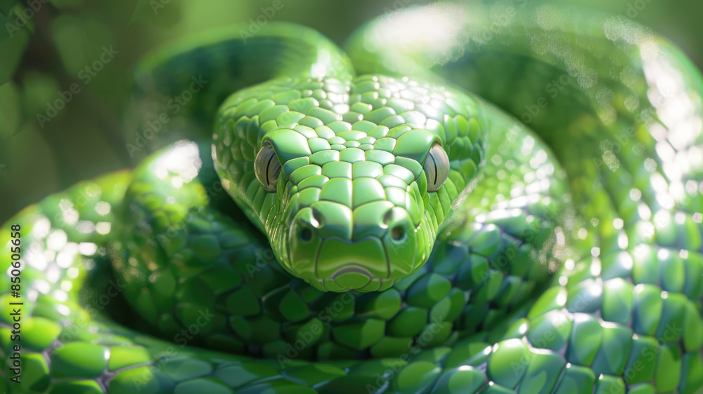 A beautiful bright green snake facing the camera. A beautiful bright green snake facing the camera.
