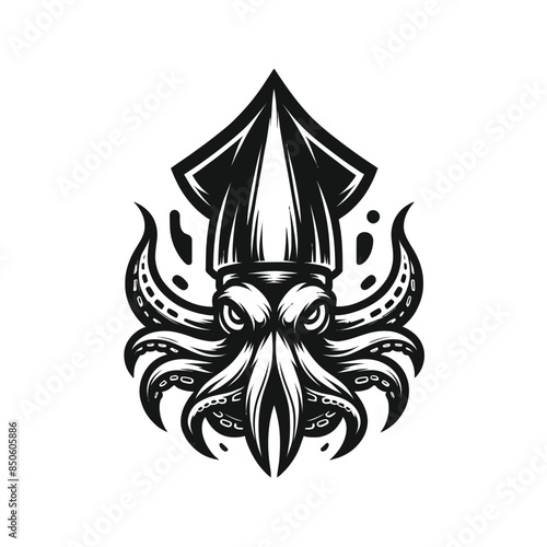 Illustration of a fierce squid in black and white
