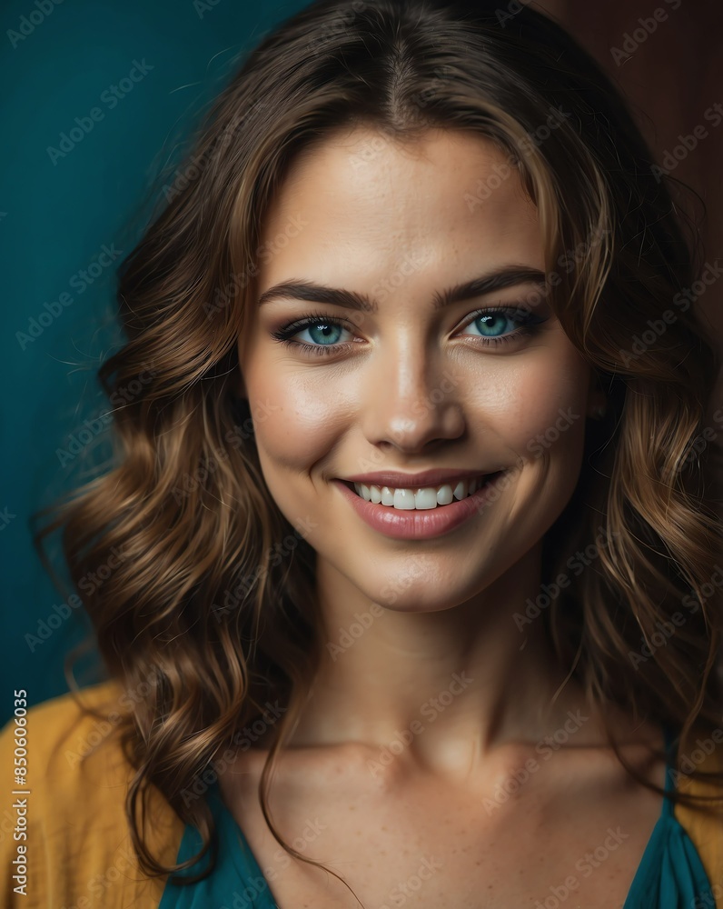 teal background studio portrait of smiling caucasian pretty woman model with clear smooth skin teal background studio portrait of smiling caucasian pretty woman model with clear smooth skin