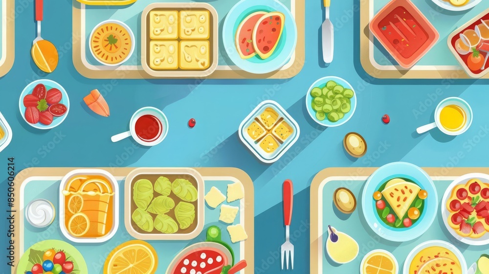 school cafeteria flat design top view healthy lunchtime theme cartoon drawing vivid school cafeteria flat design top view healthy lunchtime theme cartoon drawing vivid