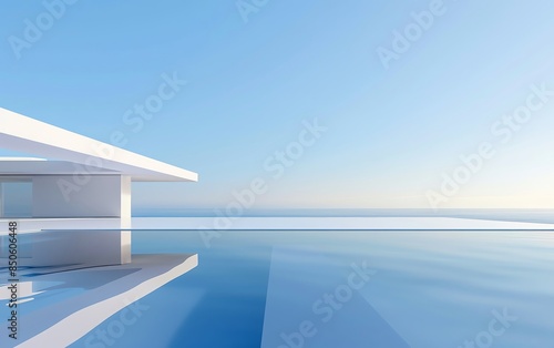 3D rendering of modern minimalistic architecture with a glass cube, simple background, blue sky, concrete floor, geometric shape, minimal design, perspective view, white color