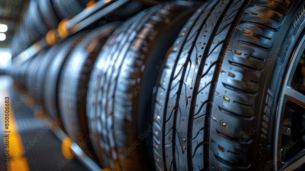 Fototapeta premium Car Tires A closeup of brandnew car tires with deep treads close up, focus on treads durability realistic, Silhouette, auto shop