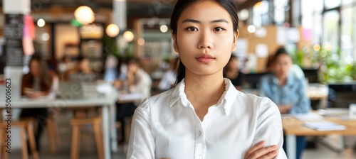 Successful businesswoman in white shirt stands confidently with arms crossed in office