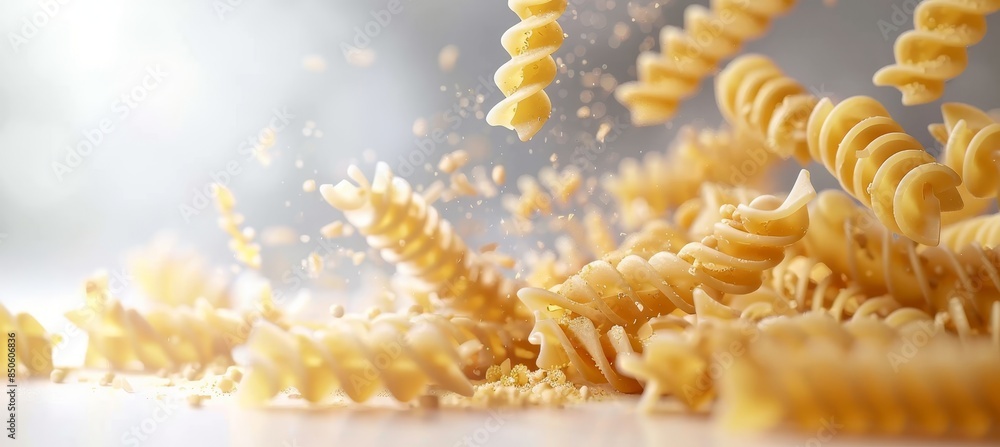 Captivating image of italian pasta falling, raw ingredients in motion on white background Captivating image of italian pasta falling, raw ingredients in motion on white background