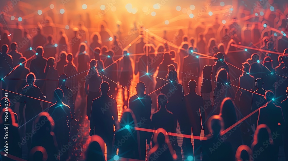 Illustration of a crowded scene with human silhouettes interconnected by neural network style lines, with warm tones suggesting connection or big data Illustration of a crowded scene with human silhouettes interconnected by neural network style lines, with warm tones suggesting connection or big data