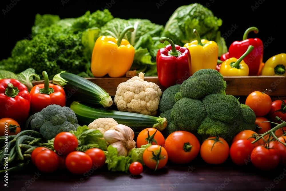 A vibrant display of colorful fruits and vegetables at a grocery store market stall. A vibrant display of colorful fruits and vegetables at a grocery store market stall.