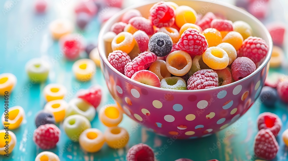 Fruit juice cereal in a colorful bowl Fruit juice cereal in a colorful bowl
