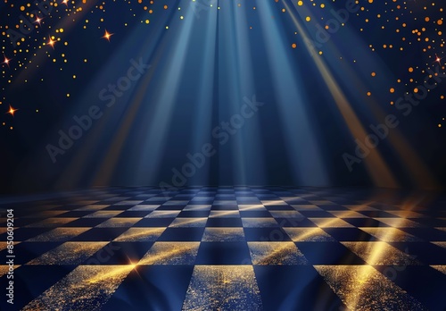 Abstract gold light rays background with shining golden lights and checkered floor for award ceremony illustration photo